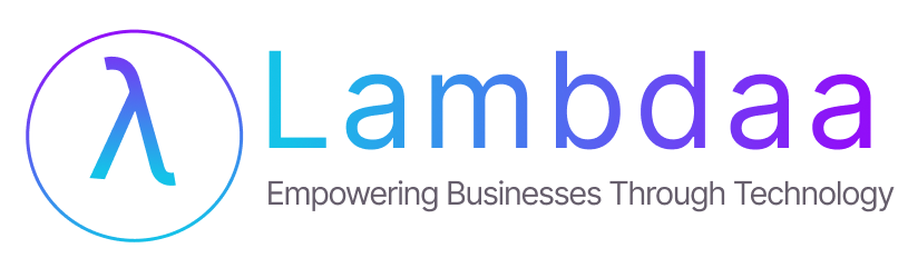 white logo for lambdaa. empowering business through technology tagline is written at the bottom