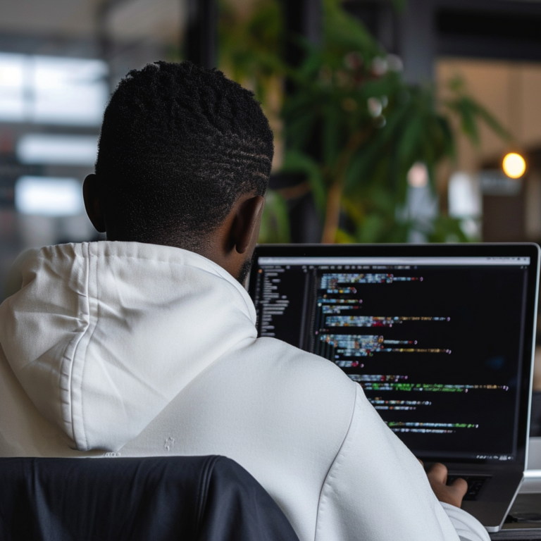 Lambdaa dizzydee a black man sitting infront of a laptop working on co 02f8c1f6 cba9 4563 96d8 a3ac6503e920